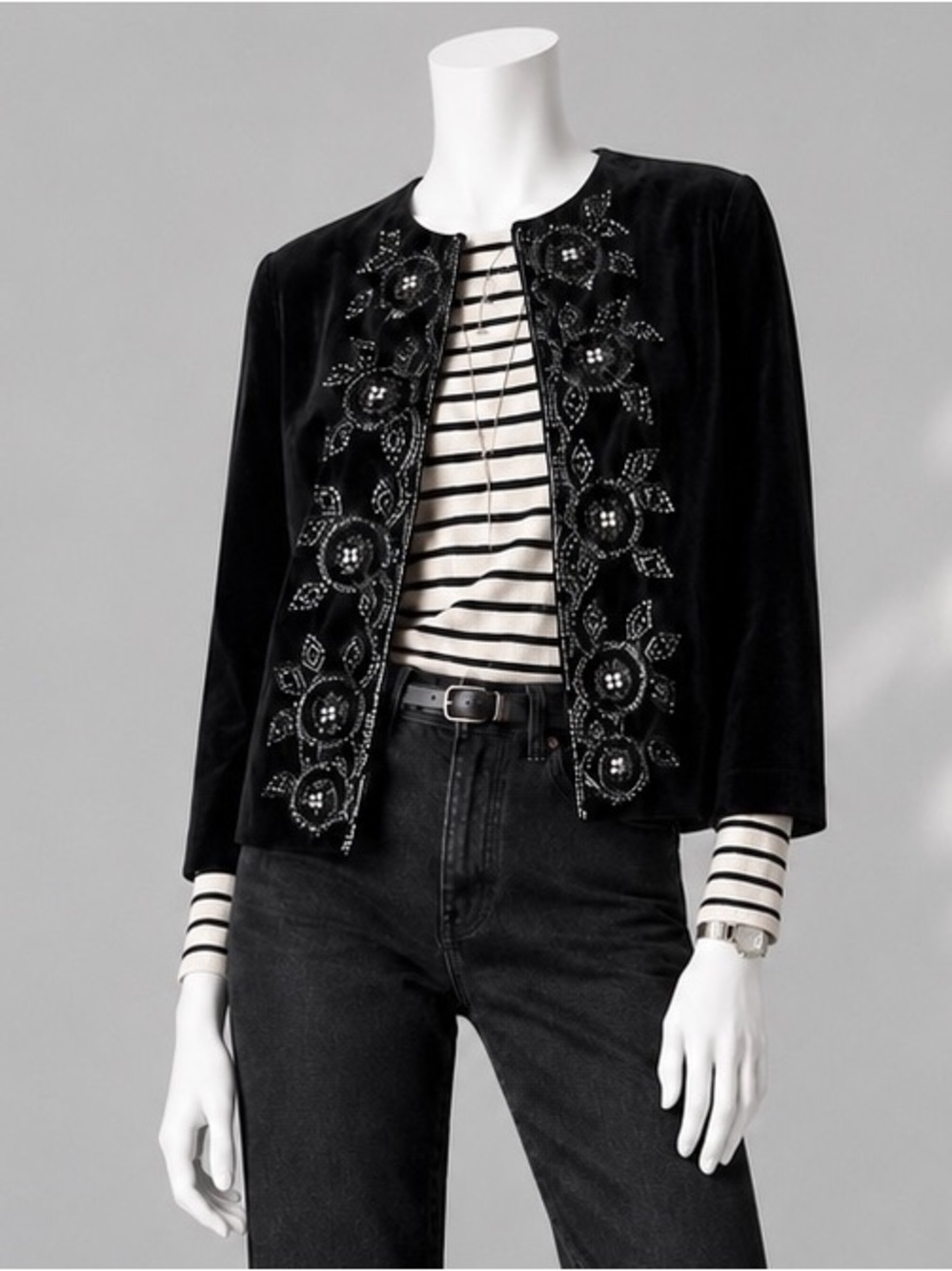 Vintage Whimsigoth Black Velvet Jacket Beaded Open Front  Evening Stenay 8